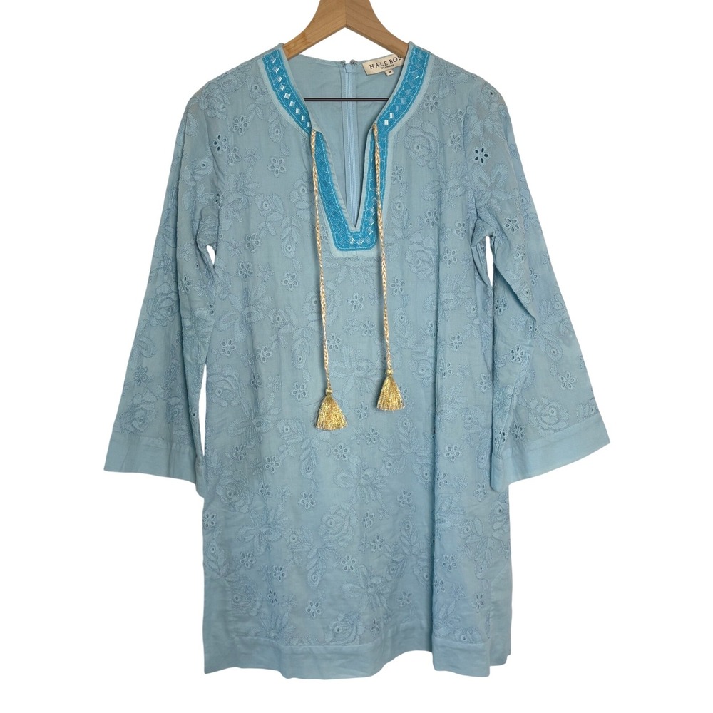 Hale Bob Blue Cotton Eyelet Embroidered Tassel Beaded Mini Dress Womens Medium